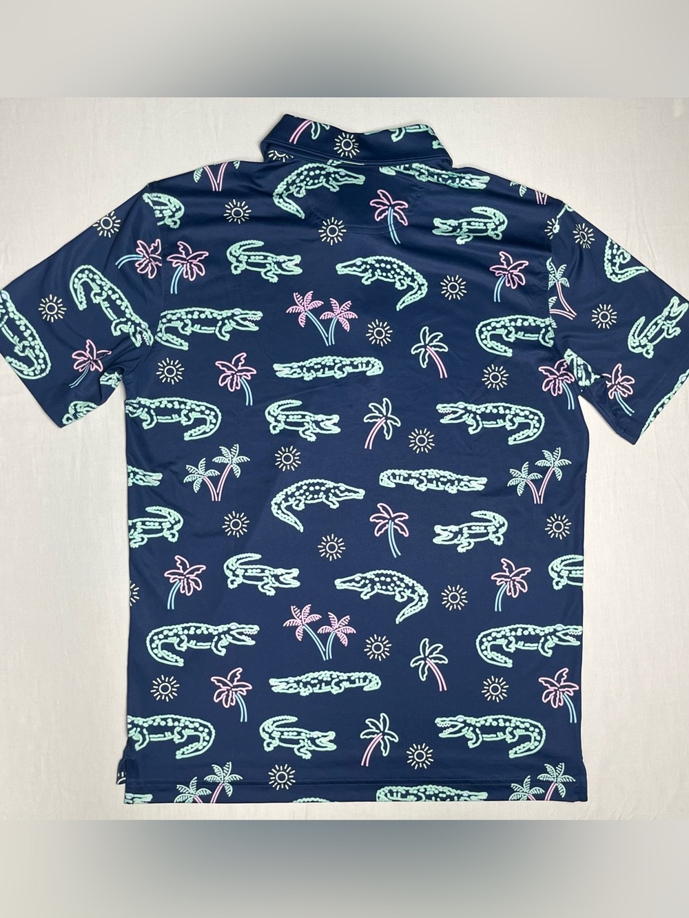 chubbies Men’s Small Navy Polo with Mint Green & Light Pink Alligator Print - Picture 2 of 8
